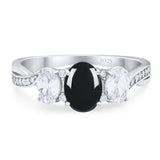 Three Stone Oval Natural Black Onyx Art Deco Ring 925 Sterling Silver