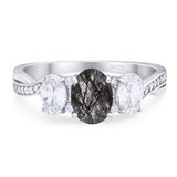 Three Stone Oval Natural Rutilated Quartz Art Deco Ring 925 Sterling Silver