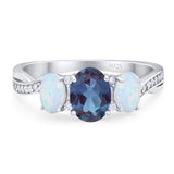 Three Stone Oval Lab Alexandrite Art Deco Ring 925 Sterling Silver
