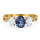 Three Stone Oval Natural Stone Wedding Ring