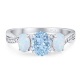 Three Stone Oval Natural Aquamarine Art Deco Ring 925 Sterling Silver