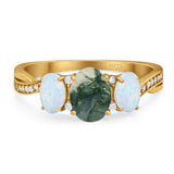 Three Stone Oval Natural Stone Wedding Ring