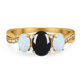 Three Stone Oval Natural Stone Wedding Ring