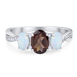 Three Stone Oval Natural Chocolate Smoky Quartz Art Deco Ring 925 Sterling Silver