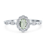 Floral Oval Natural Green Amethyst Prasiolite Halo Wedding Ring 925 Sterling Silver