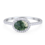 Art Deco Oval Natural Green Moss Agate Solitaire Ring 925 Sterling Silver