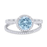 Two Piece Round Natural Aquamarine Wedding Set Ring 925 Sterling Silver