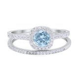 Two Piece Round Natural Aquamarine Halo Ring 925 Sterling Silver