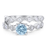 Art Deco Two Piece Round Natural Aquamarine Wedding Set Ring 925 Sterling Silver