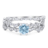 Two Piece Round Natural Aquamarine Floral Leaf Style Ring 925 Sterling Silver