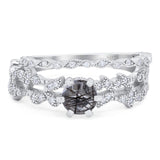 Two Piece Round Natural Rutilated Quartz Floral Leaf Style Ring 925 Sterling Silver