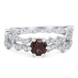 Two Piece Round Natural Chocolate Smoky Quartz Floral Leaf Style Ring 925 Sterling Silver