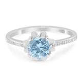 Vintage Style Round Natural Aquamarine Flower Ring 925 Sterling Silver