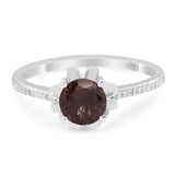 Vintage Style Round Natural Chocolate Smoky Quartz Flower Ring 925 Sterling Silver