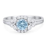 Round Natural Aquamarine Vintage Style Art Deco Ring 925 Sterling Silver