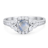 Round Natural Moonstone Vintage Style Art Deco Ring 925 Sterling Silver