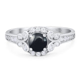 Round Natural Black Onyx Vintage Style Art Deco Ring 925 Sterling Silver
