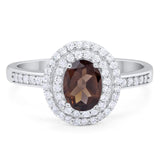 Art Deco Oval Natural Chocolate Smoky Quartz Halo Wedding Ring 925 Sterling Silver