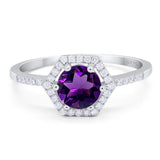 Art Deco Round Natural Amethyst Hexagonal Ring 925 Sterling Silver