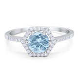Art Deco Round Natural Aquamarine Hexagonal Ring 925 Sterling Silver