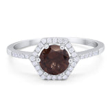 Art Deco Round Natural Chocolate Smoky Quartz Hexagonal Ring 925 Sterling Silver