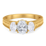 Three Stone Oval Natural Stone Wedding Ring