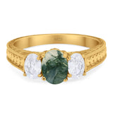 Three Stone Oval Natural Stone Wedding Ring