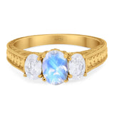 Three Stone Oval Natural Stone Wedding Ring