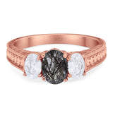 Three Stone Oval Natural Stone Wedding Ring