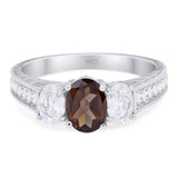 Three Stone Oval Natural Chocolate Smoky Quartz Wedding Ring 925 Sterling Silver