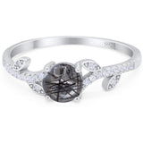 Art Deco Round Natural Rutilated Quartz Leaf Style Ring 925 Sterling Silver