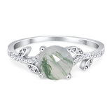 Art Deco Ring Round Natural Green Moss Agate Leaf Style Ring 925 Sterling Silver