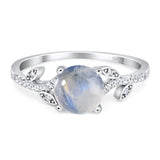 Art Deco Ring Round Natural Moonstone Leaf Style Ring 925 Sterling Silver