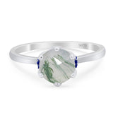 Art Deco Round Natural Green Moss Agate Halo Wedding Ring 925 Sterling Silver