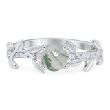 Art Deco Round Natural Green Moss Agate Vintage Leaf Style Ring 925 Sterling Silver