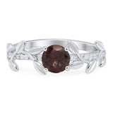 Art Deco Round Natural Chocolate Smoky Quartz Vintage Leaf Style Ring 925 Sterling Silver