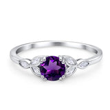 Floral Round Natural Amethyst Leaf Design Ring 925 Sterling Silver