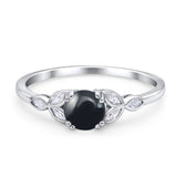 Floral Round Natural Black Onyx Leaf Design Ring 925 Sterling Silver