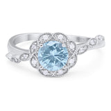Art Deco Ring Round Natural Aquamarine Flower Ring 925 Sterling Silver