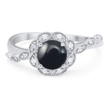 Art Deco Ring Round Natural Black Onyx Flower Ring 925 Sterling Silver