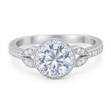 Round Moissanite Leaf Accent Beaded Ring 925 Sterling Silver