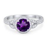 Round Natural Amethyst Leaf Accent Beaded Ring 925 Sterling Silver