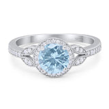 Round Natural Aquamarine Leaf Accent Beaded Ring 925 Sterling Silver