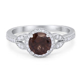 Round Natural Chocolate Smoky Quartz Leaf Accent Beaded Ring 925 Sterling Silver