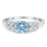 Art Deco Round Natural Aquamarine Leaf Style Ring 925 Sterling Silver