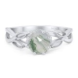Round Natural Green Moss Agate Twisted Beaded Ring 925 Sterling Silver