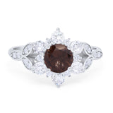 Flower Round Natural Chocolate Smoky Quartz Halo Trillium Ring 925 Sterling Silver