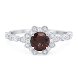 Art Deco Round Natural Chocolate Smoky Quartz Flower Ring 925 Sterling Silver