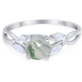 Vintage Style Round Natural Green Moss Agate Twisted Ring 925 Sterling Silver