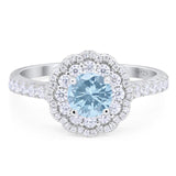 Vintage Style Round Natural Aquamarine Halo Flower Ring 925 Sterling Silver